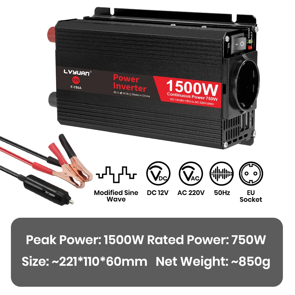 Автомобилен DC-AC инвертор 12V към 220V, 50 Hz, модифицирана синусоида, USB изход, 500–2600 W