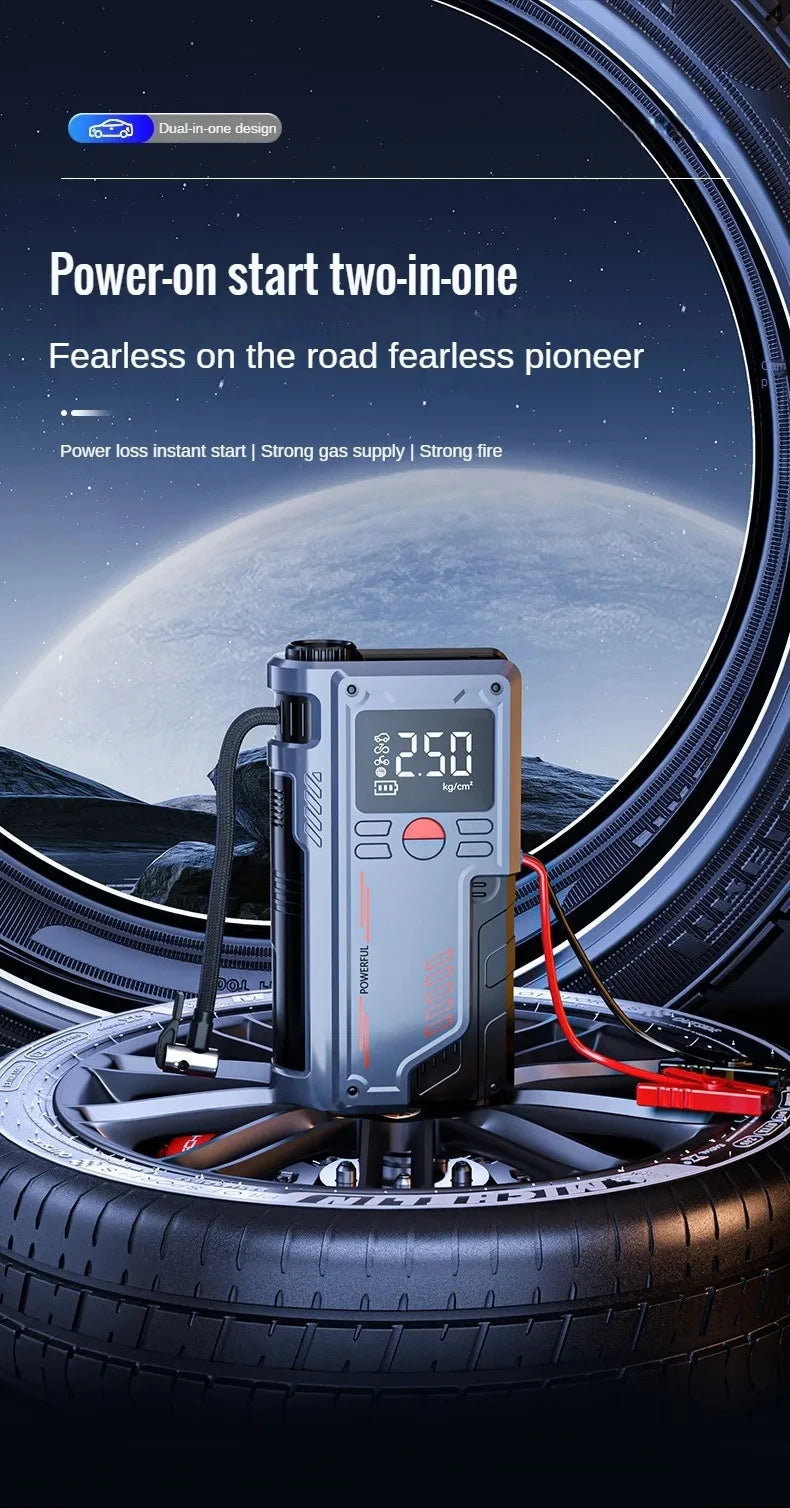 Комплект 2-в-1: Безчетков ударен гайковерт 1/2", 1800 Nm, 3 скорости, 2 батерии + авариен стартер-пауърбанк 8000 mAh, 1000 A, компресор 150 PSI, SOS светлина