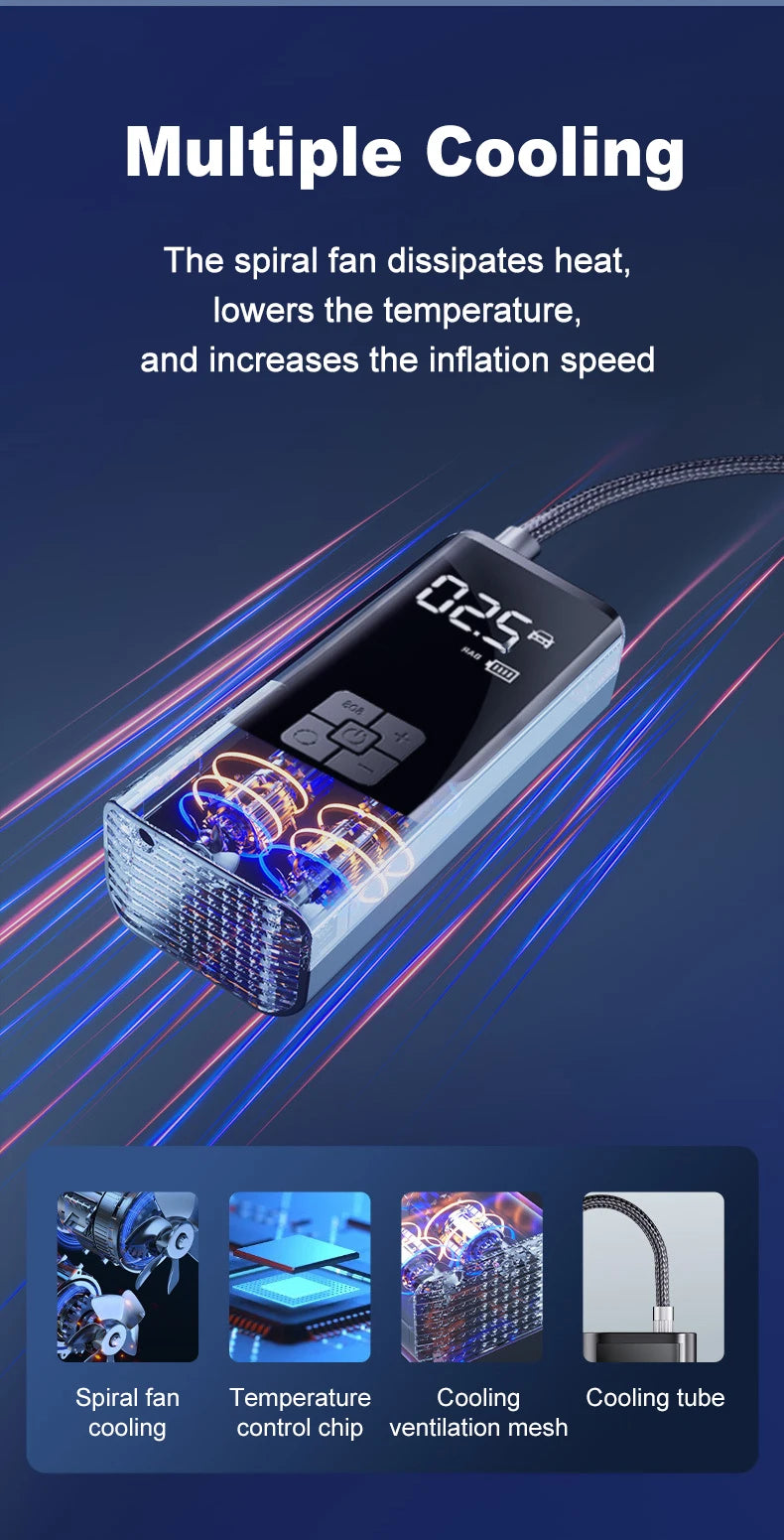Преносим акумулаторен компресор за гуми 150 PSI с LED осветление за автомобил, мотоциклет и велосипед