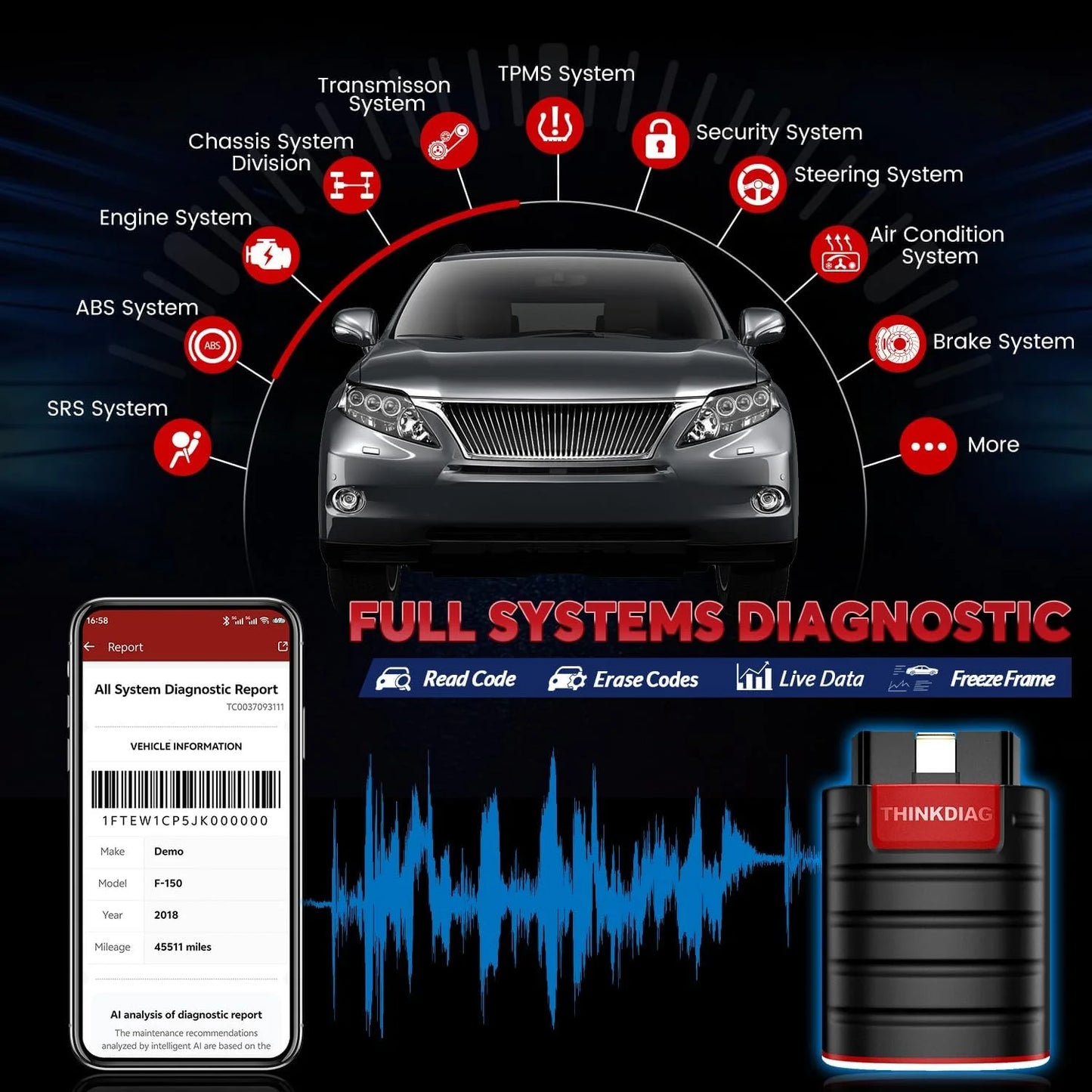 Thinkdiag OBD2 автомобилен диагностичен скенер – пълна системна диагностика, 16 ресет функции, 1 година безплатни ъпдейти