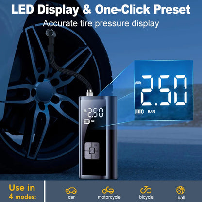 Преносим акумулаторен компресор за гуми 150 PSI с LED осветление за автомобил, мотоциклет и велосипед