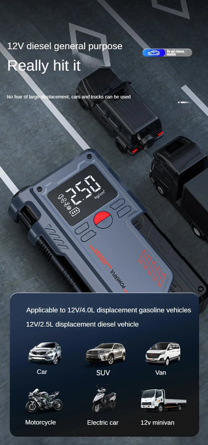 Комплект 2-в-1: Безчетков ударен гайковерт 1/2", 1800 Nm, 3 скорости, 2 батерии + авариен стартер-пауърбанк 8000 mAh, 1000 A, компресор 150 PSI, SOS светлина