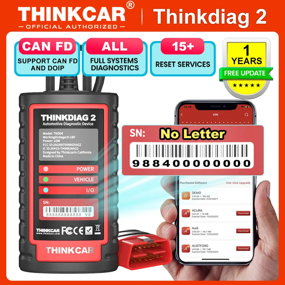 Thinkdiag2 OBD2 диагностичен скенер с двупосочен контрол, Bluetooth и CAN-FD, съвместим с iOS и Android