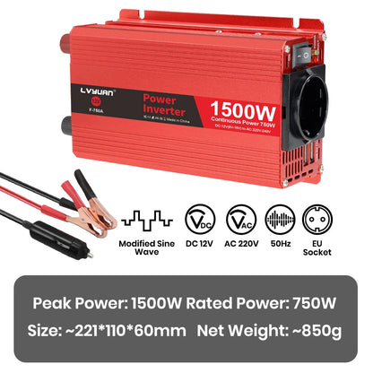 Автомобилен DC-AC инвертор 12V към 220V, 50 Hz, модифицирана синусоида, USB изход, 500–2600 W