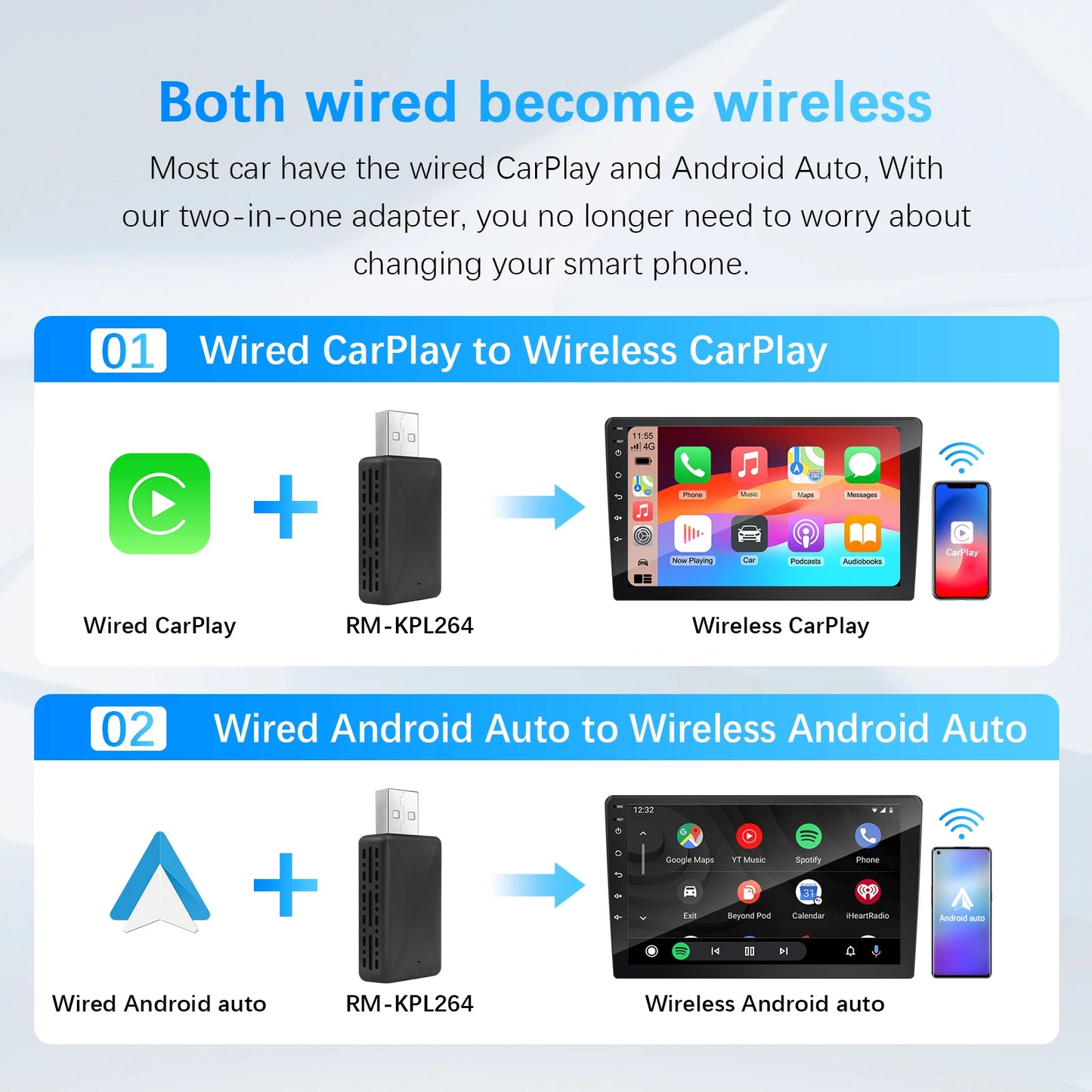 Безжичен адаптер 2-в-1 CarPlay/Android Auto Ezonetronics, съвместим с Mercedes‑Benz, VW Golf, BMW, Audi, Honda, Toyota