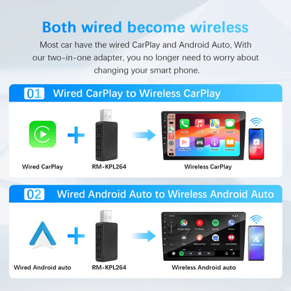 Безжичен адаптер 2-в-1 CarPlay/Android Auto Ezonetronics, съвместим с Mercedes‑Benz, VW Golf, BMW, Audi, Honda, Toyota