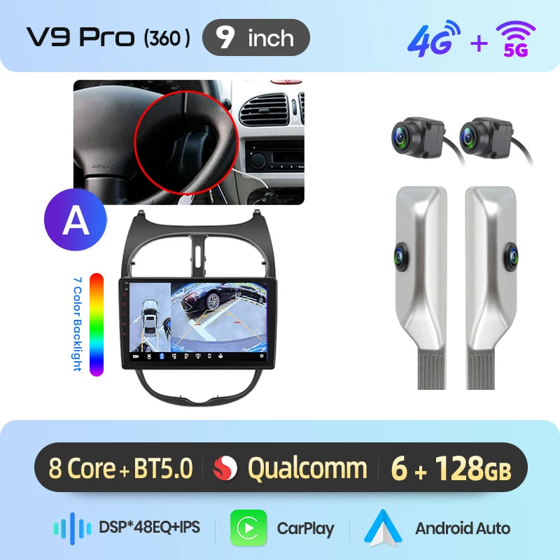 Junsun 9" Android 15 2DIN автомобилна мултимедия за Peugeot 206/206 CC/206 SW (2000–2008), IPS дисплей, GPS навигация, Bluetooth 4.0, Wireless Apple CarPlay и Android Auto