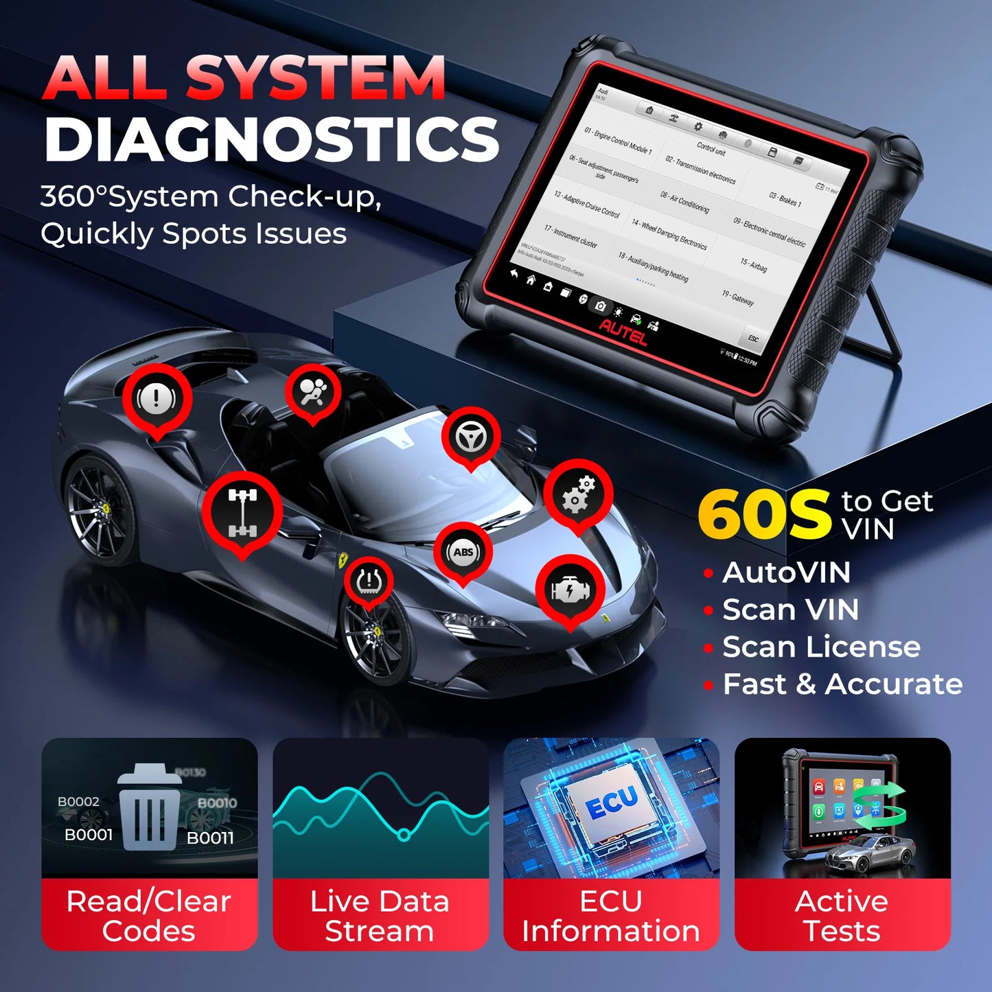 Autel MaxiCOM MK900 диагностичен уред OBD2 – всички системи, 40+ сервизни функции, двупосочно управление, активни тестове, DoIP/CAN FD, Android 11, 8" дисплей, 4GB/64GB