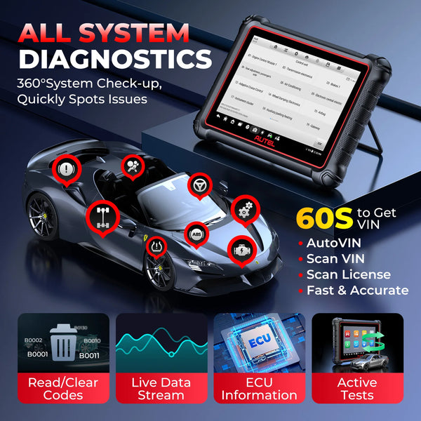 Autel MaxiCOM MK900 диагностичен уред OBD2 – всички системи, 40+ сервизни функции, двупосочно управление, активни тестове, DoIP/CAN FD, Android 11, 8" дисплей, 4GB/64GB