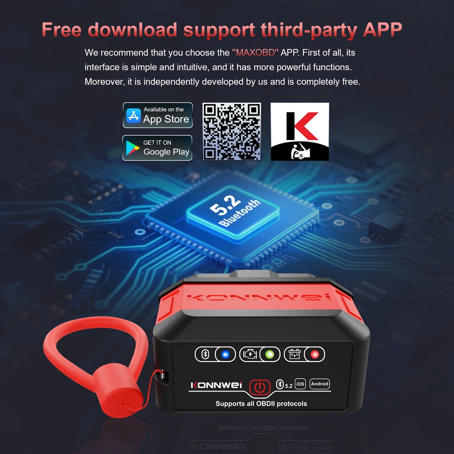 KONNWEI KW906 OBD2 Bluetooth 5.0 диагностичен адаптер ELM327 v1.5 за Android/iOS, PIC18F25K80