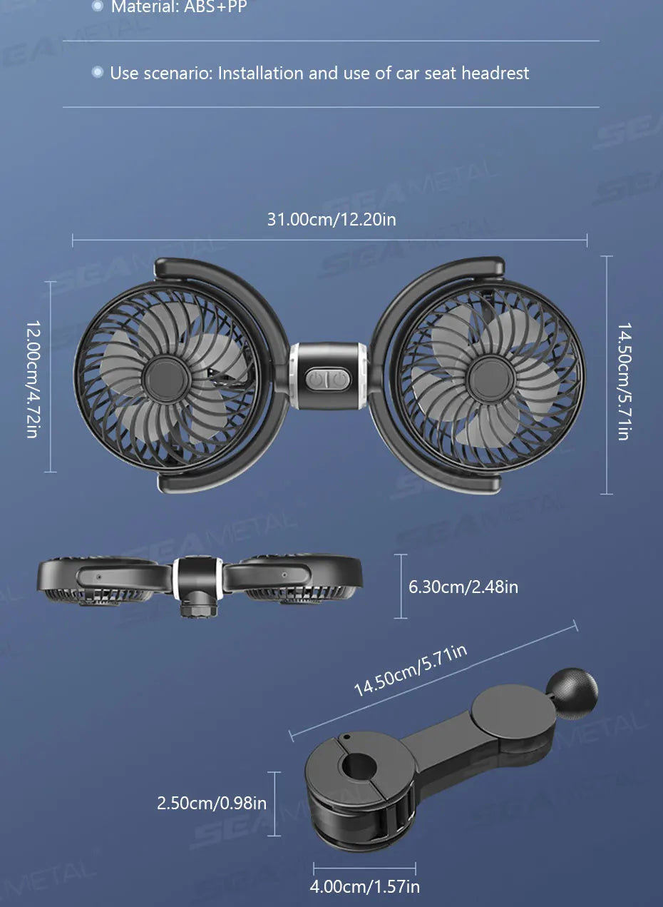SEAMETAL Двоен автомобилен вентилатор за монтаж на подглавник, 3 скорости, въртене под различни ъгли