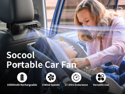 Socool безжичен вентилатор за автомобилен подглавник (задна седалка), 10000 mAh батерия, до 27.5 ч работа, 4 скорости – подходящ за бебета и деца