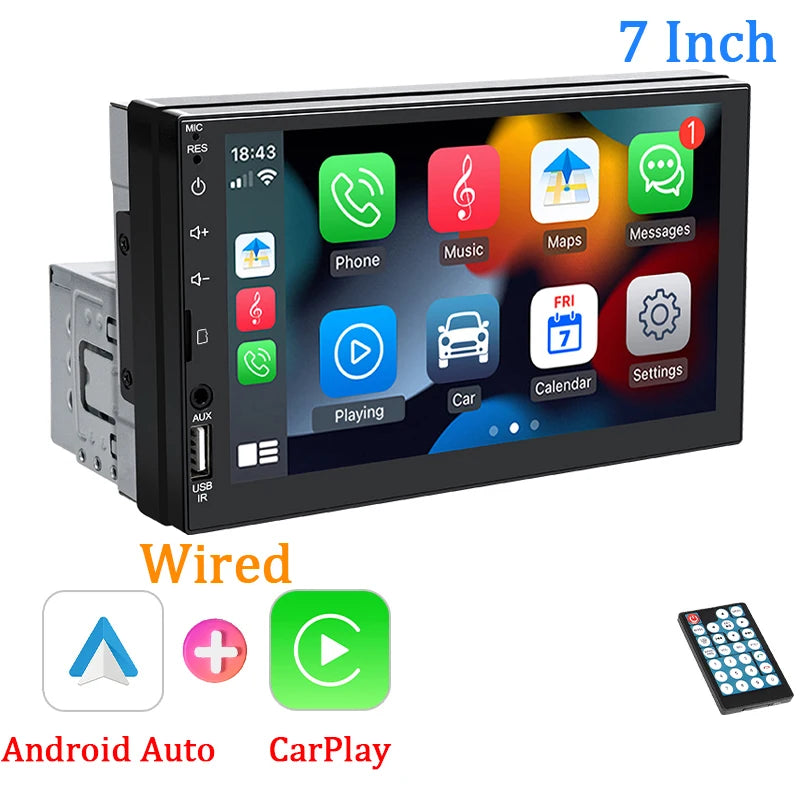 7" 1-DIN авторадио с CarPlay/Android Auto, HD сензорен екран, Bluetooth, FM, AUX, MirrorLink