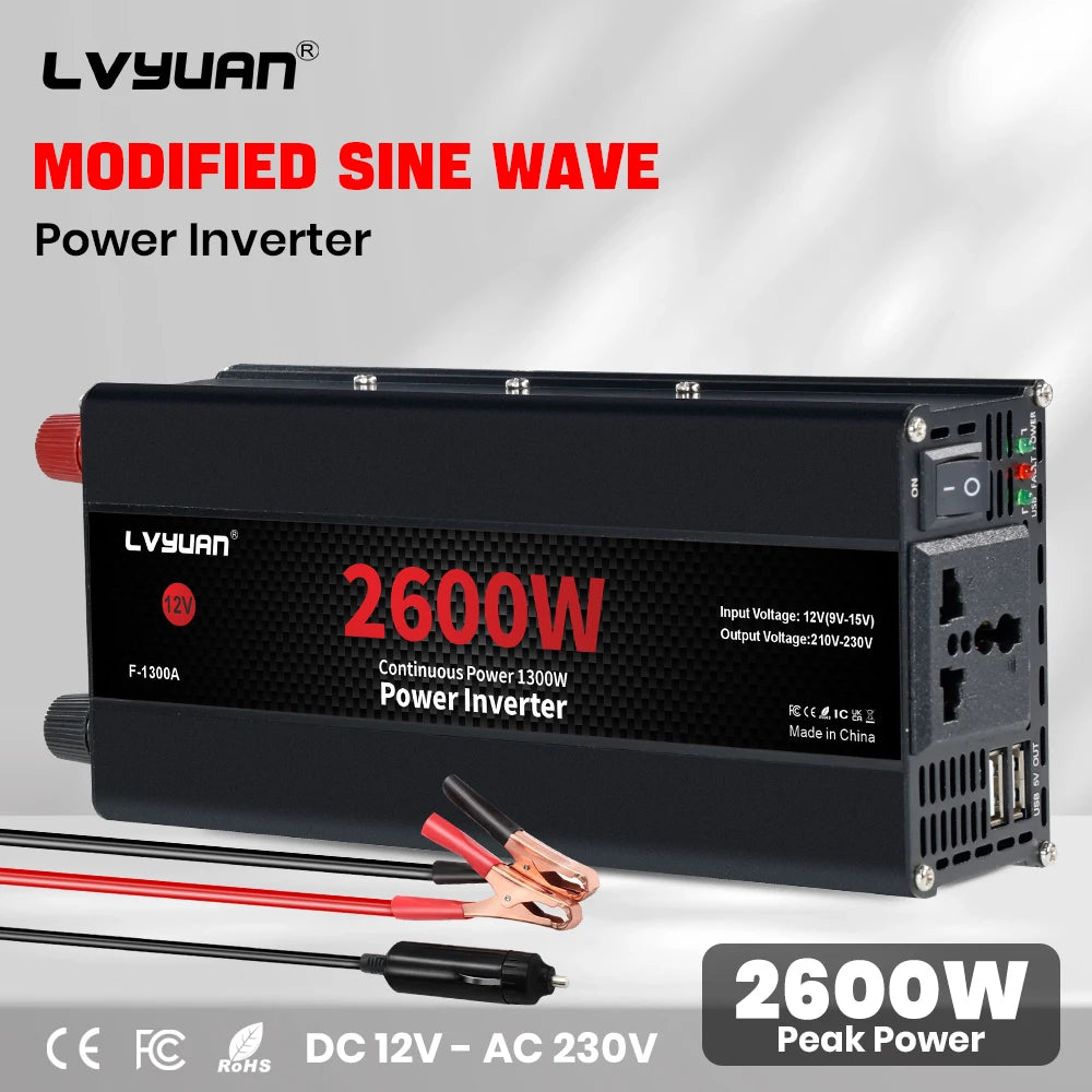 Автомобилен DC-AC инвертор 12V към 220V, 50 Hz, модифицирана синусоида, USB изход, 500–2600 W