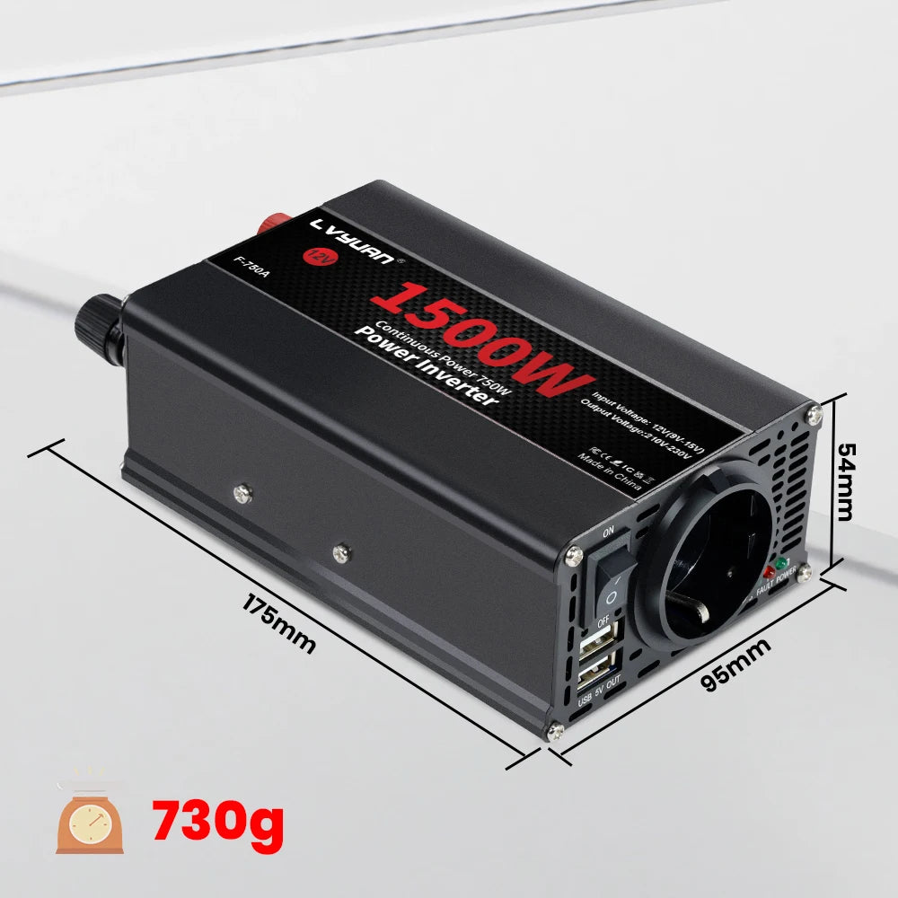 Автомобилен DC-AC инвертор 12V към 220V, 50 Hz, модифицирана синусоида, USB изход, 500–2600 W