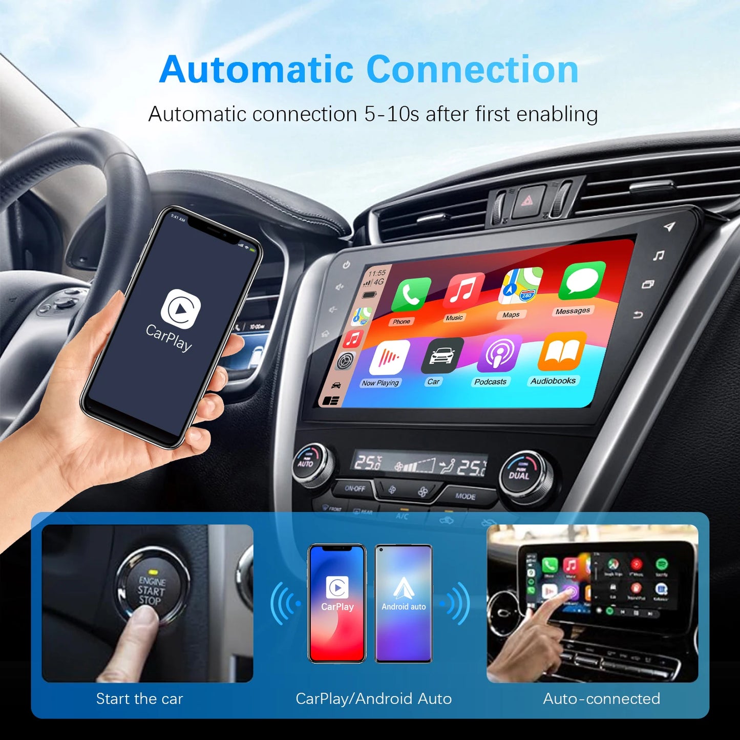 Безжичен адаптер 2-в-1 CarPlay/Android Auto Ezonetronics, съвместим с Mercedes‑Benz, VW Golf, BMW, Audi, Honda, Toyota