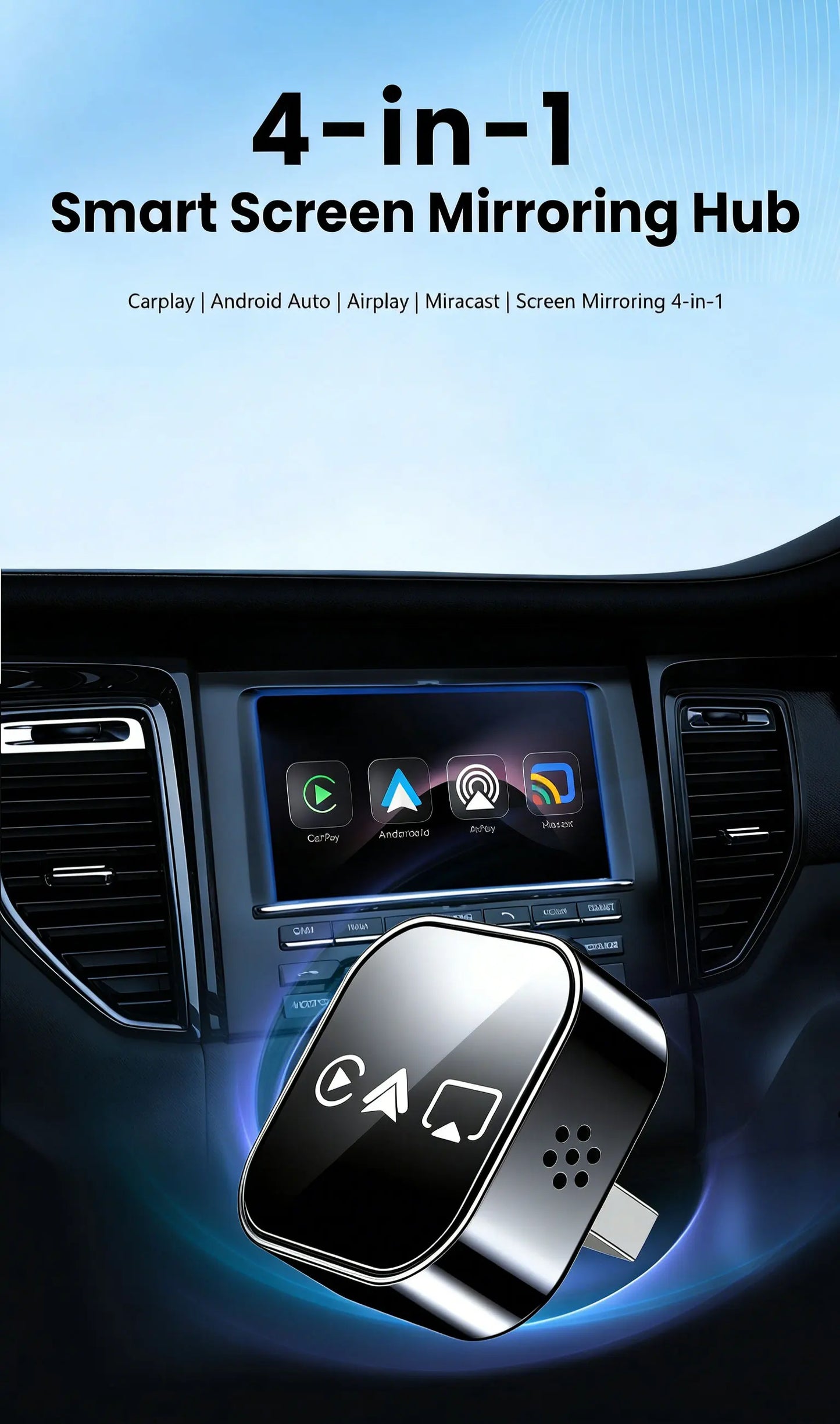 Безжичен CarPlay адаптер за автомобил с Bluetooth и огледално отразяване на екрана, 4-в-1, Plug-and-Play