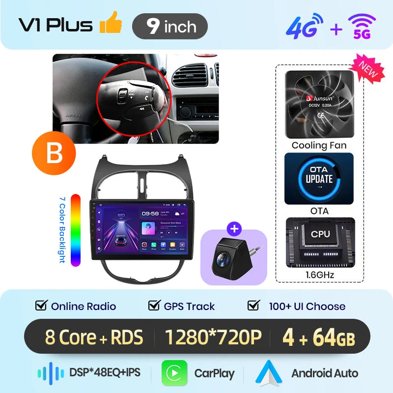 Junsun 9" Android 15 2DIN автомобилна мултимедия за Peugeot 206/206 CC/206 SW (2000–2008), IPS дисплей, GPS навигация, Bluetooth 4.0, Wireless Apple CarPlay и Android Auto