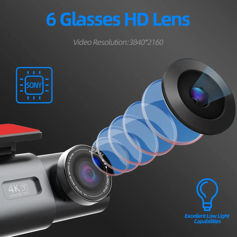 Автомобилен видеорегистратор 4K UHD с нощно виждане, вграден Wi‑Fi, GPS и режим паркиране 24/7