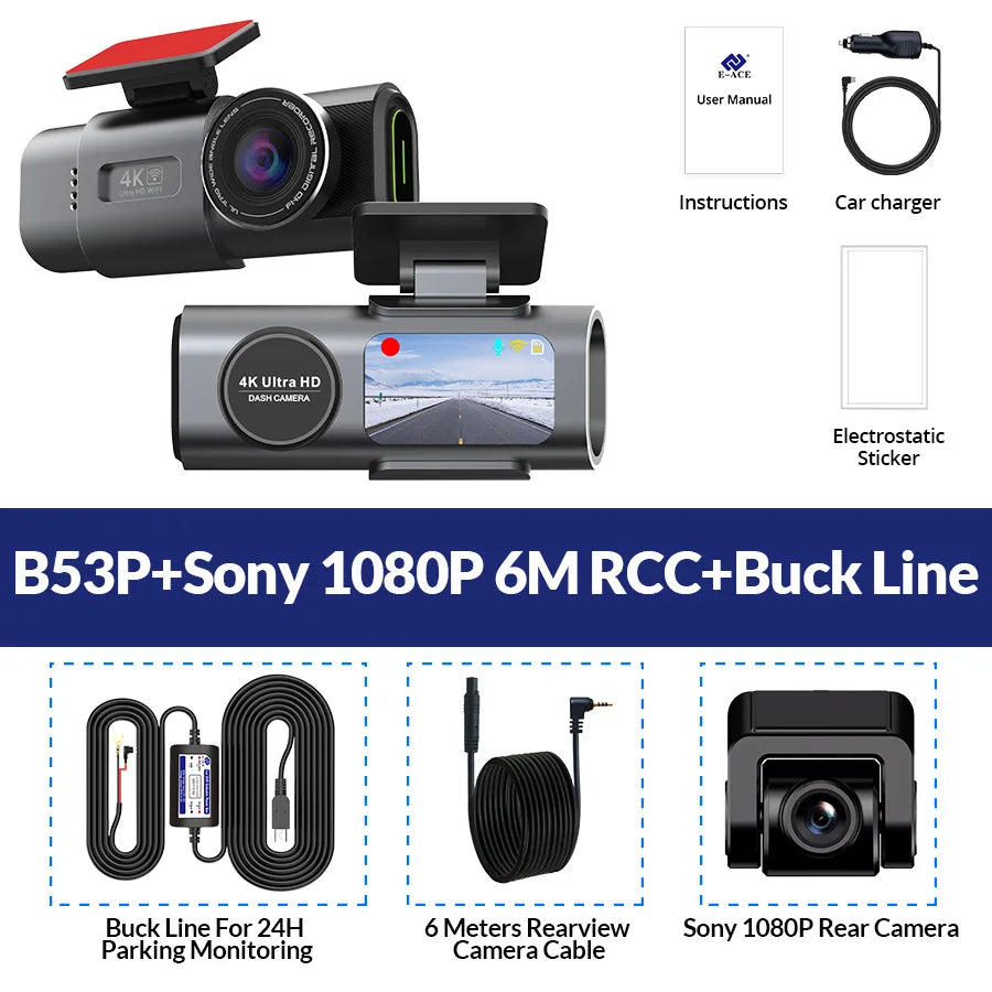 Автомобилен видеорегистратор 4K UHD с нощно виждане, вграден Wi‑Fi, GPS и режим паркиране 24/7