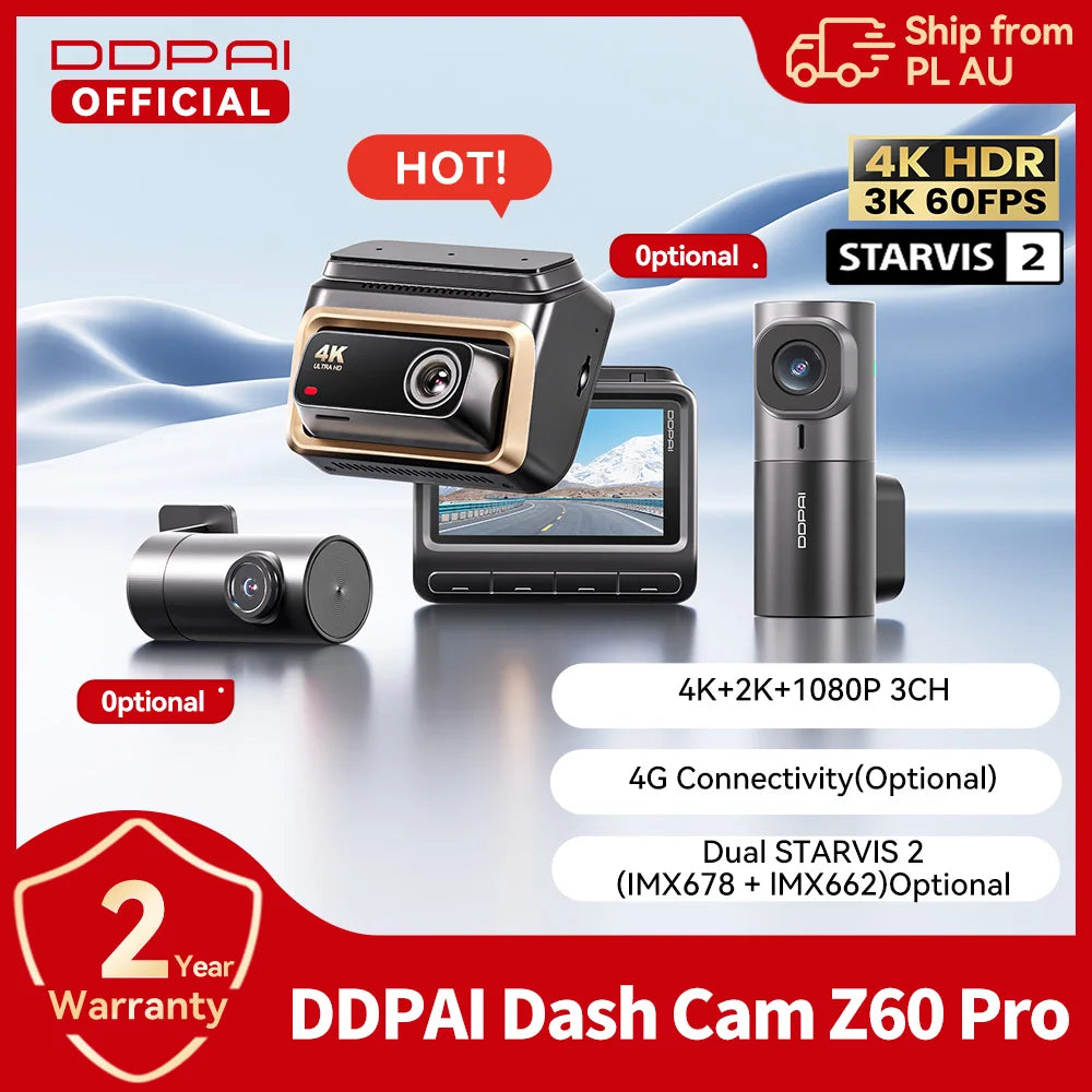 DDPAI Z60 Pro 4K двуканален автомобилен видеорегистратор (предна и вътрешна камера), HDR, сензор Sony STARVIS 2 IMX678, 5 GHz Wi‑Fi, GPS, ADAS, 4G