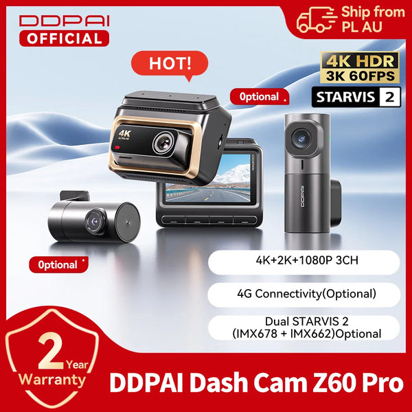 DDPAI Z60 Pro 4K двуканален автомобилен видеорегистратор (предна и вътрешна камера), HDR, сензор Sony STARVIS 2 IMX678, 5 GHz Wi‑Fi, GPS, ADAS, 4G