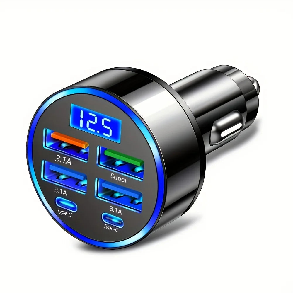 Автомобилен адаптер 6 в 1 за бързо зареждане с 2× USB-C (3.1 A) и цифров дисплей, черен