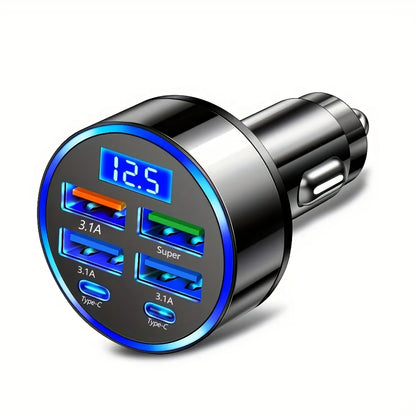 Автомобилен адаптер 6 в 1 за бързо зареждане с 2× USB-C (3.1 A) и цифров дисплей, черен