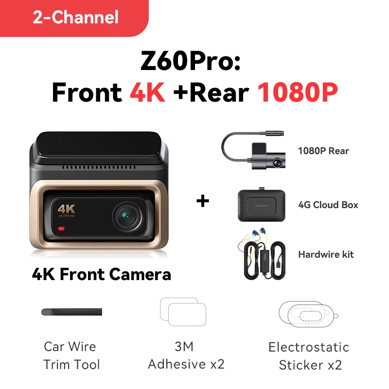 DDPAI Z60 Pro 4K двуканален автомобилен видеорегистратор (предна и вътрешна камера), HDR, сензор Sony STARVIS 2 IMX678, 5 GHz Wi‑Fi, GPS, ADAS, 4G