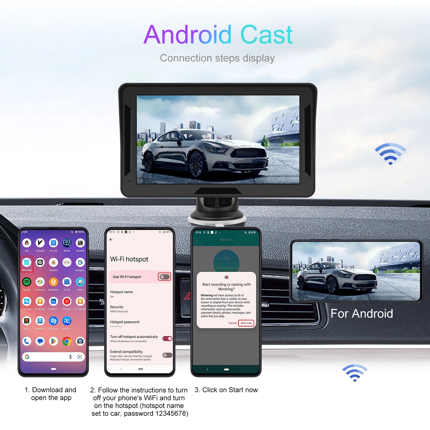 Podofo 7" преносим автомобилен дисплей с безжичен CarPlay/Android Auto, AirPlay, Bluetooth, FM трансмитер, AUX, HD 1024x600