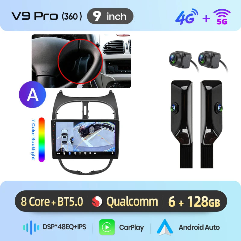 Junsun 9" Android 15 2DIN автомобилна мултимедия за Peugeot 206/206 CC/206 SW (2000–2008), IPS дисплей, GPS навигация, Bluetooth 4.0, Wireless Apple CarPlay и Android Auto