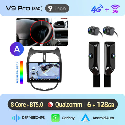 Junsun 9" Android 15 2DIN автомобилна мултимедия за Peugeot 206/206 CC/206 SW (2000–2008), IPS дисплей, GPS навигация, Bluetooth 4.0, Wireless Apple CarPlay и Android Auto