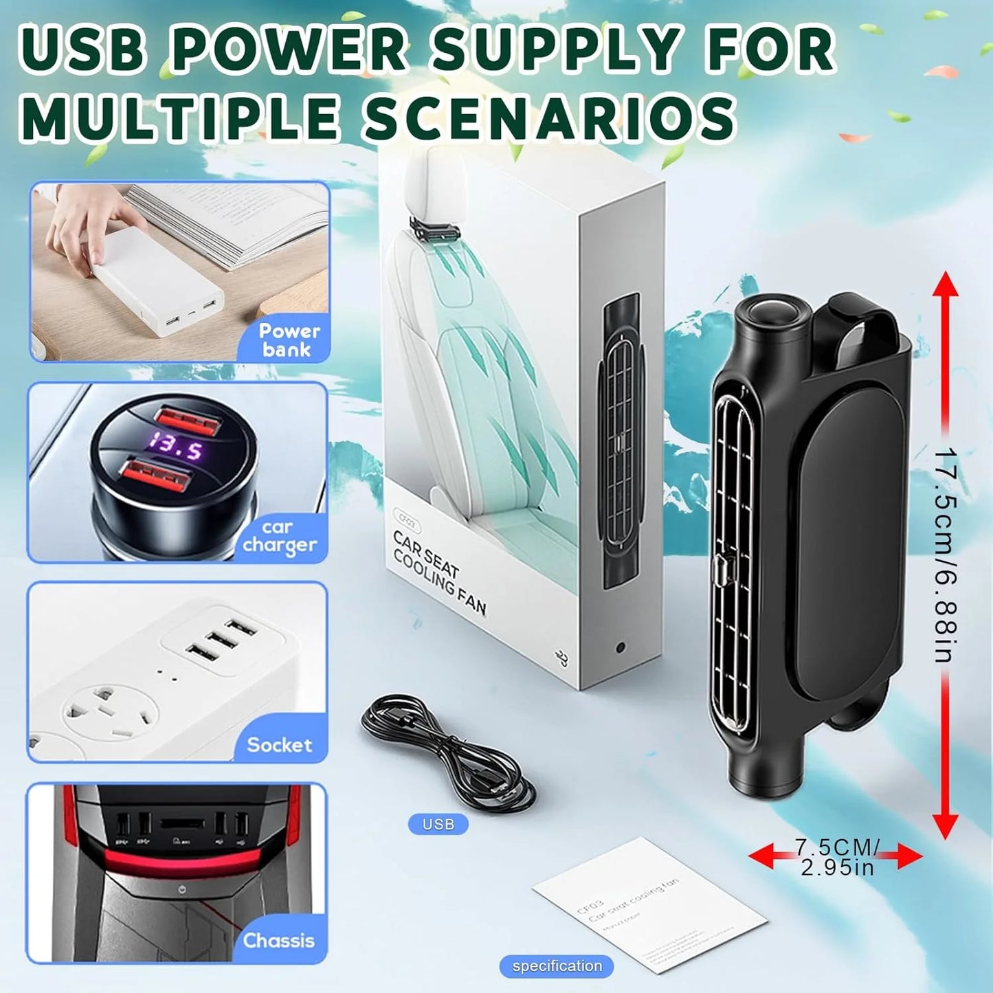 Yanace 12V USB вентилатор за автомобилна седалка, за монтаж на подглавник, силен въздушен поток, универсален за повечето автомобили