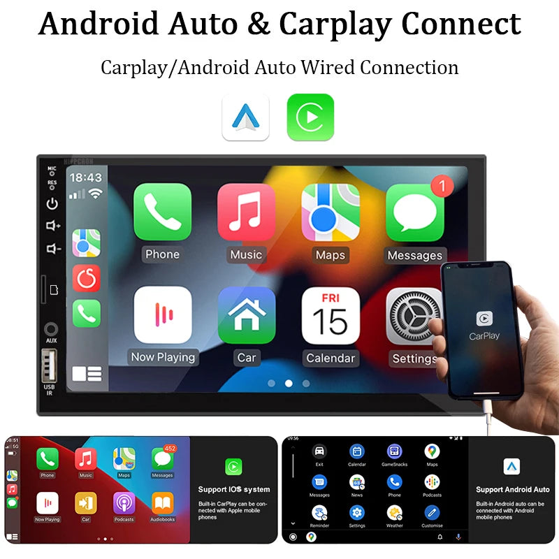 7" 1-DIN авторадио с CarPlay/Android Auto, HD сензорен екран, Bluetooth, FM, AUX, MirrorLink