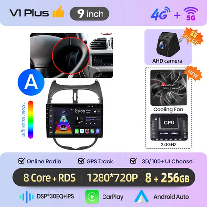 Junsun 9" Android 15 2DIN автомобилна мултимедия за Peugeot 206/206 CC/206 SW (2000–2008), IPS дисплей, GPS навигация, Bluetooth 4.0, Wireless Apple CarPlay и Android Auto