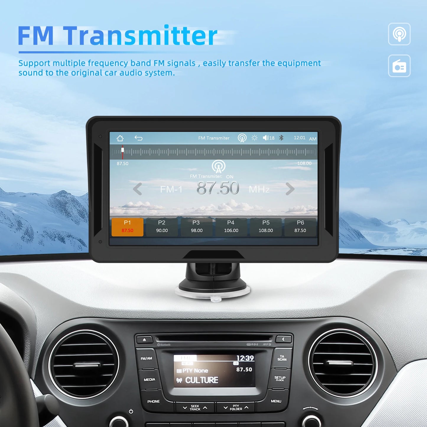 Podofo 7" преносим автомобилен дисплей с безжичен CarPlay/Android Auto, AirPlay, Bluetooth, FM трансмитер, AUX, HD 1024x600
