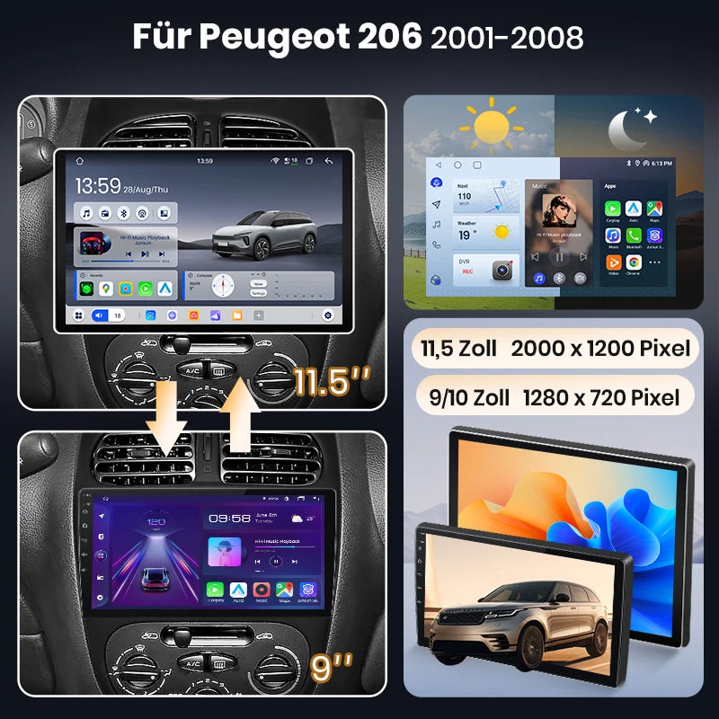 Junsun 9" Android 15 2DIN автомобилна мултимедия за Peugeot 206/206 CC/206 SW (2000–2008), IPS дисплей, GPS навигация, Bluetooth 4.0, Wireless Apple CarPlay и Android Auto