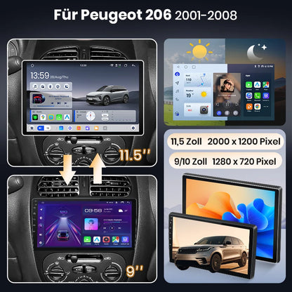 Junsun 9" Android 15 2DIN автомобилна мултимедия за Peugeot 206/206 CC/206 SW (2000–2008), IPS дисплей, GPS навигация, Bluetooth 4.0, Wireless Apple CarPlay и Android Auto
