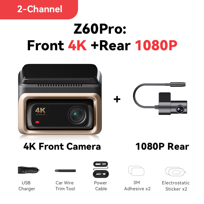 DDPAI Z60 Pro 4K двуканален автомобилен видеорегистратор (предна и вътрешна камера), HDR, сензор Sony STARVIS 2 IMX678, 5 GHz Wi‑Fi, GPS, ADAS, 4G