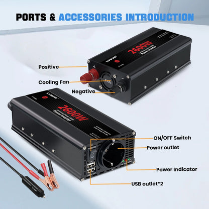 Автомобилен DC-AC инвертор 12V към 220V, 50 Hz, модифицирана синусоида, USB изход, 500–2600 W