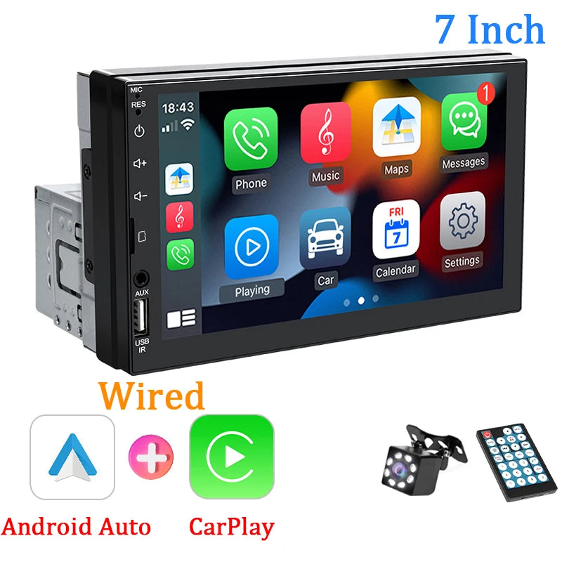 7" 1-DIN авторадио с CarPlay/Android Auto, HD сензорен екран, Bluetooth, FM, AUX, MirrorLink