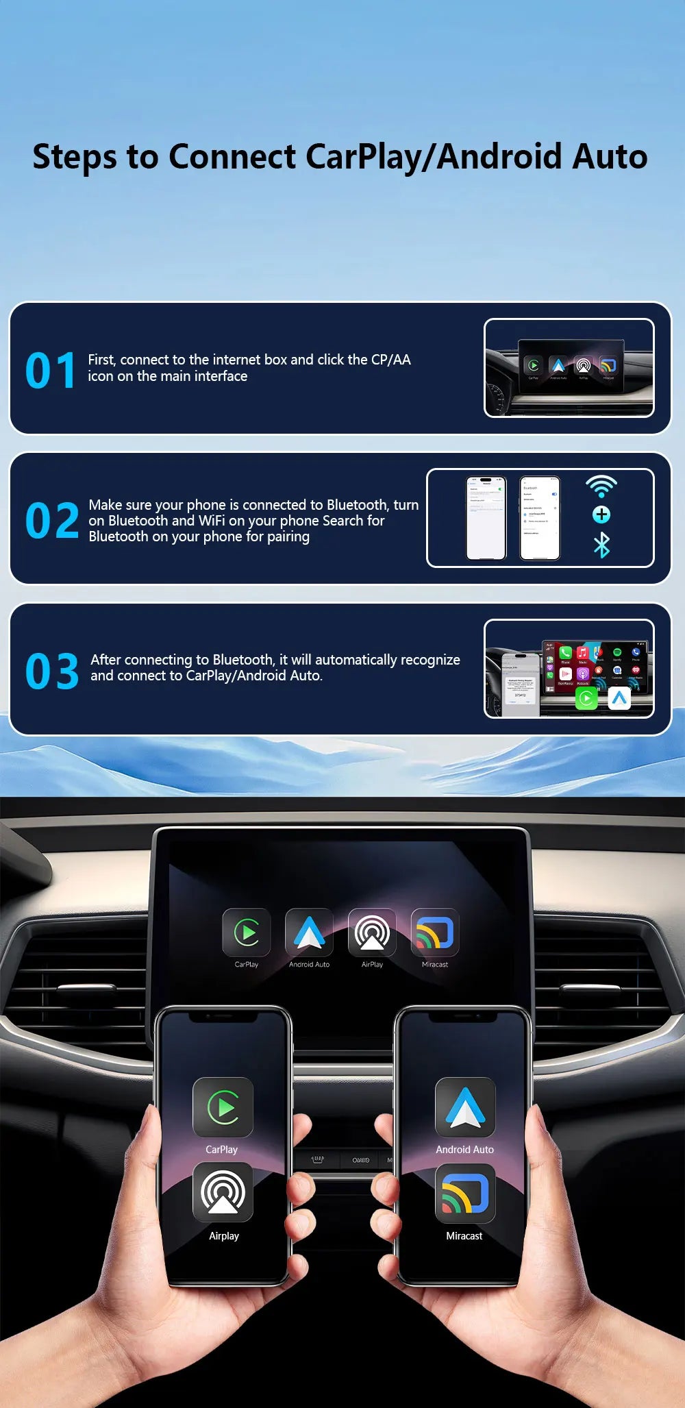 Безжичен CarPlay адаптер за автомобил с Bluetooth и огледално отразяване на екрана, 4-в-1, Plug-and-Play
