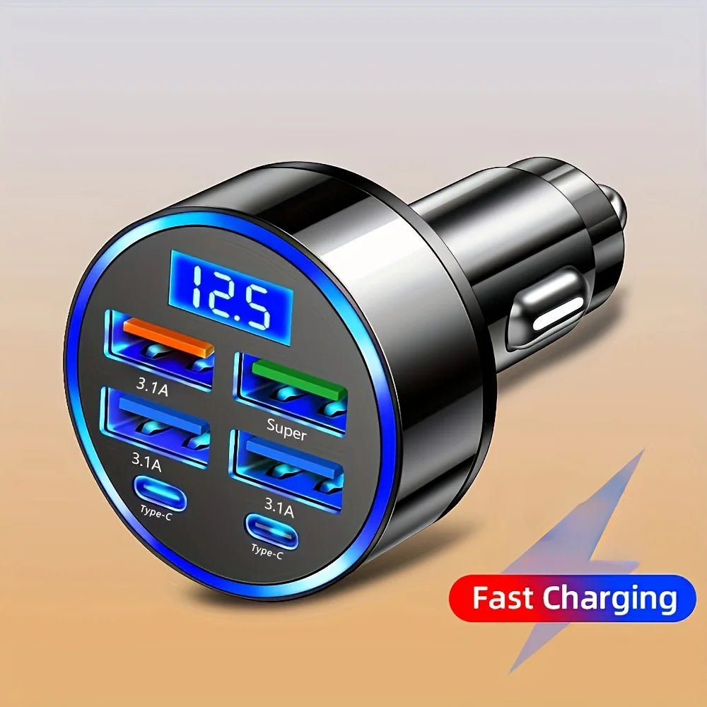 Автомобилен адаптер 6 в 1 за бързо зареждане с 2× USB-C (3.1 A) и цифров дисплей, черен