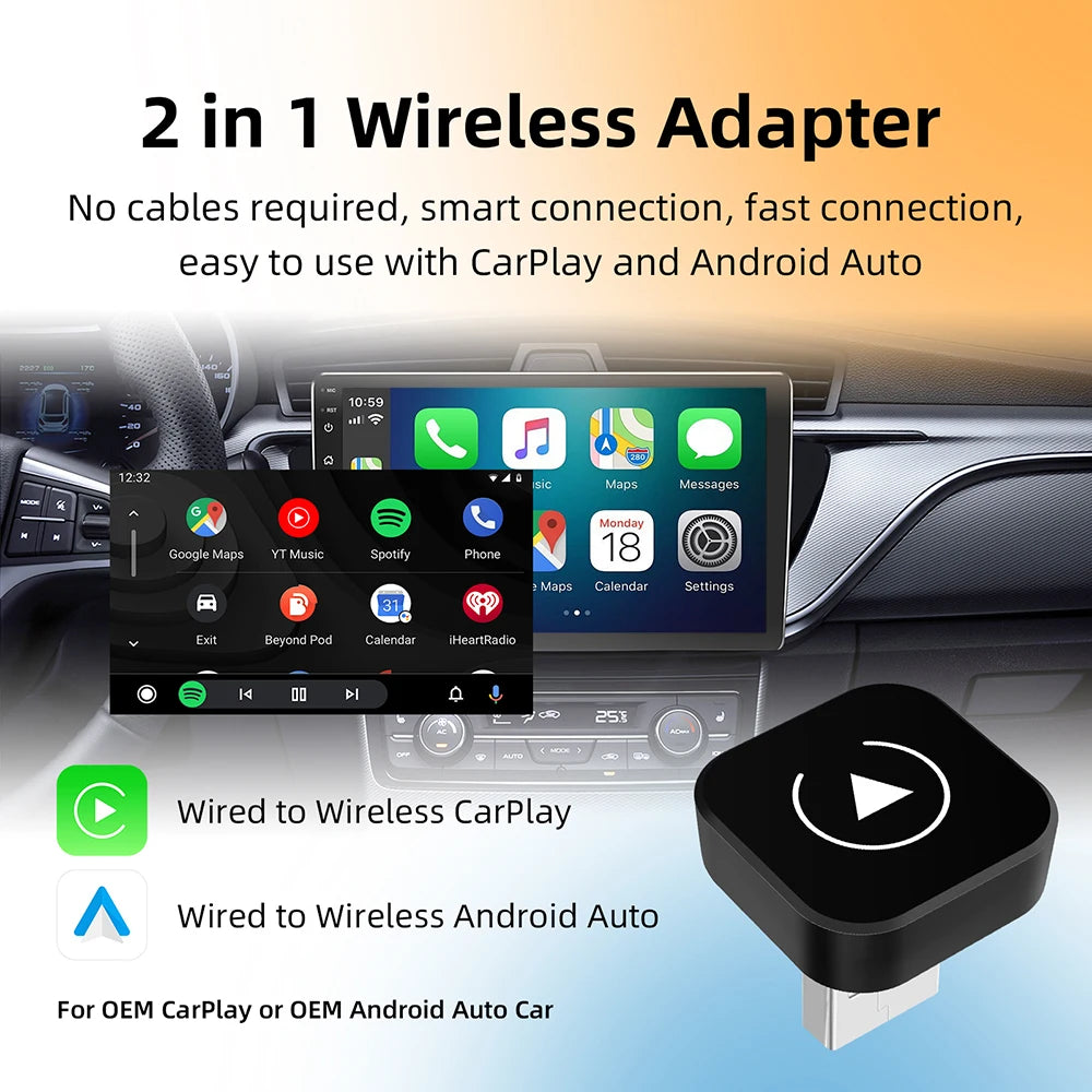 Безжичен 2-в-1 адаптер CarPlay и Android Auto (AI смарт бокс) за автомобили с кабелен CarPlay