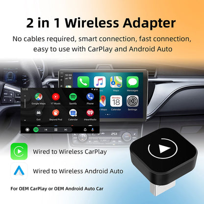 Безжичен 2-в-1 адаптер CarPlay и Android Auto (AI смарт бокс) за автомобили с кабелен CarPlay
