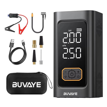 BUVAYE пусково устройство за автомобил 10000 mAh с вграден компресор и power bank за бензинови и дизелови автомобили