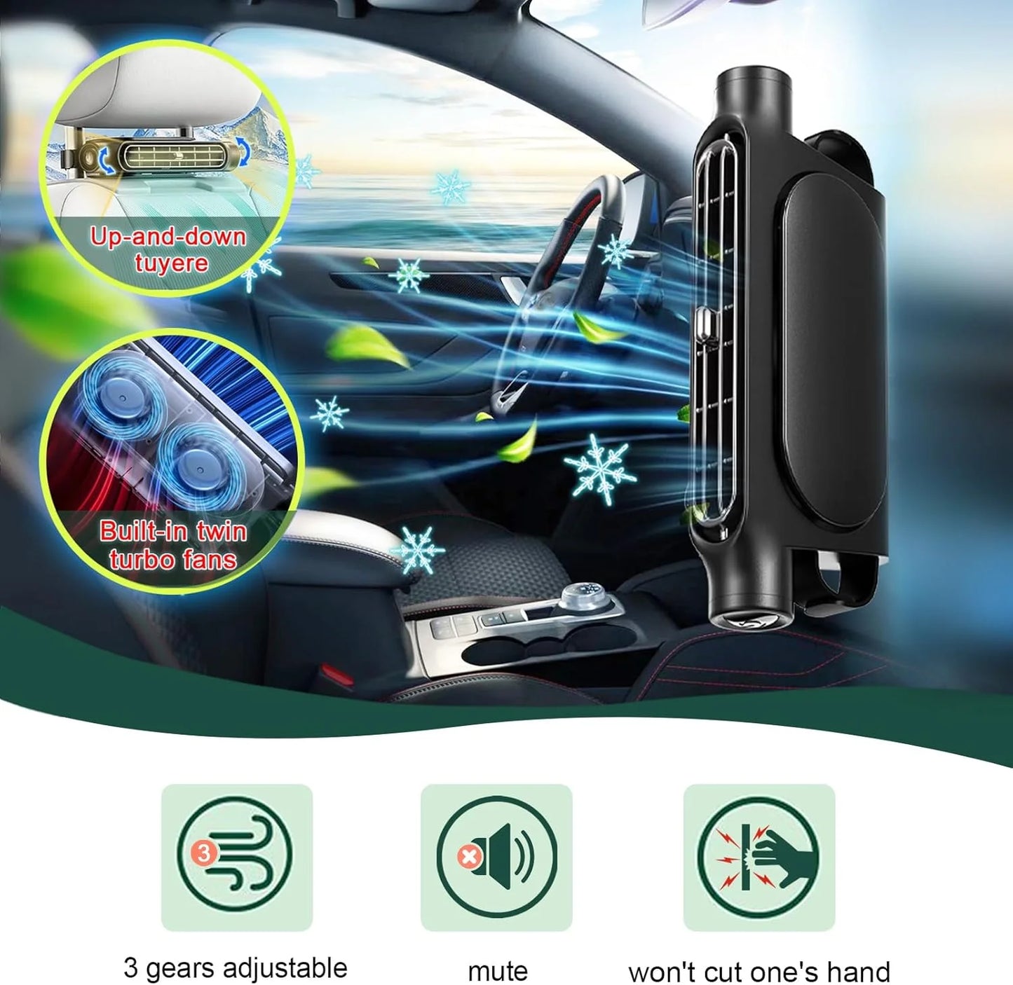 Yanace 12V USB вентилатор за автомобилна седалка, за монтаж на подглавник, силен въздушен поток, универсален за повечето автомобили
