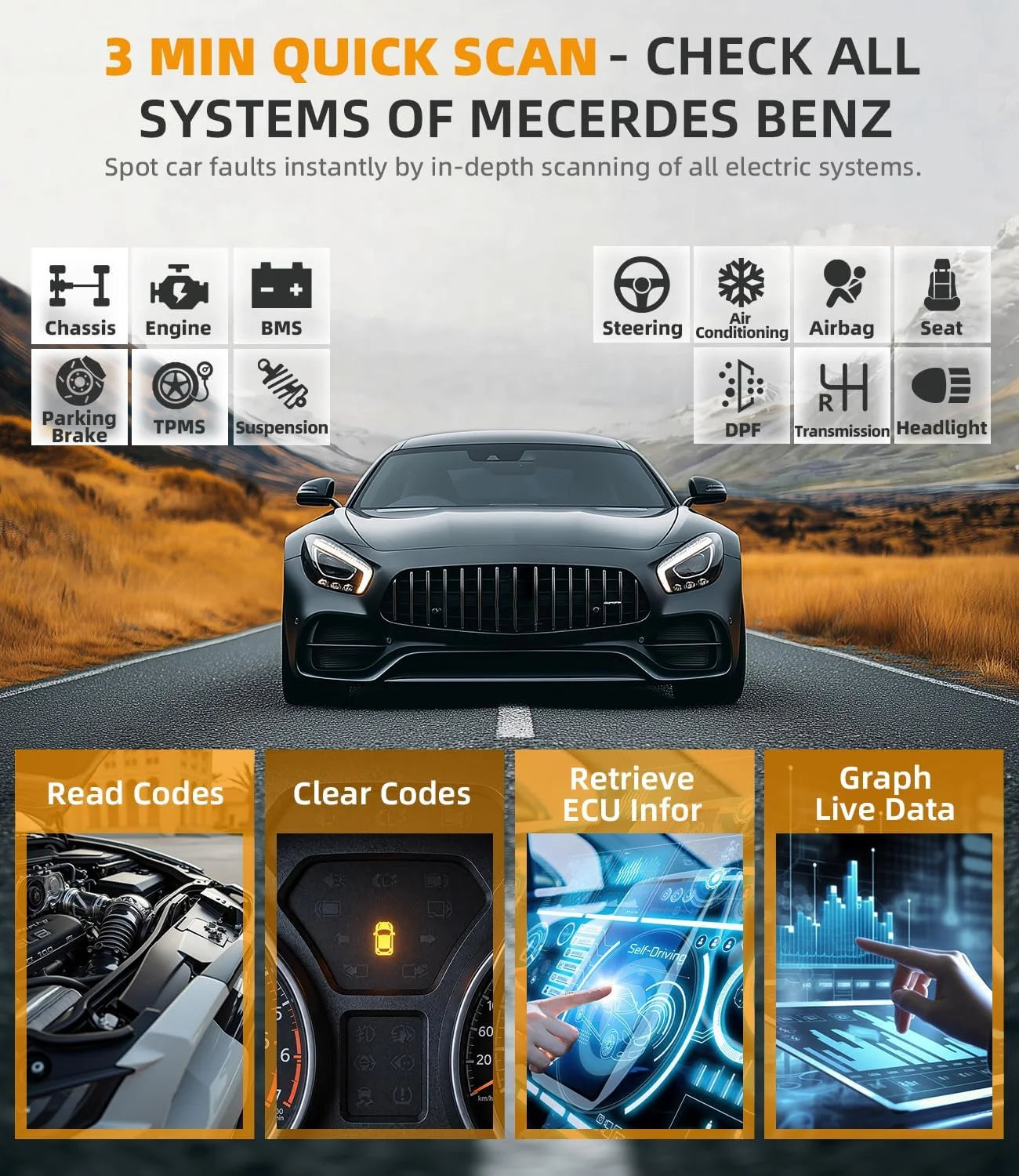 OBD2 скенер за Mercedes-Benz, пълна системна диагностика, ресет на масло, ETC, EPB, ABS, SAS и акумулатор