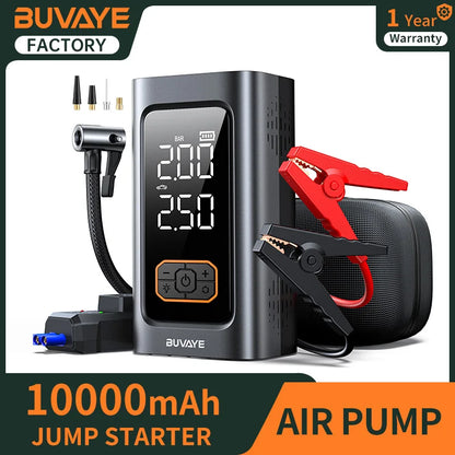 BUVAYE пусково устройство за автомобил 10000 mAh с вграден компресор и power bank за бензинови и дизелови автомобили