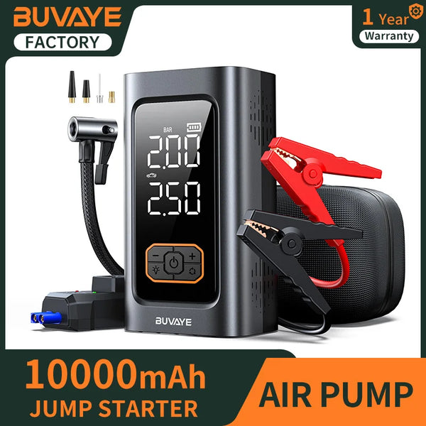 BUVAYE пусково устройство за автомобил 10000 mAh с вграден компресор и power bank за бензинови и дизелови автомобили